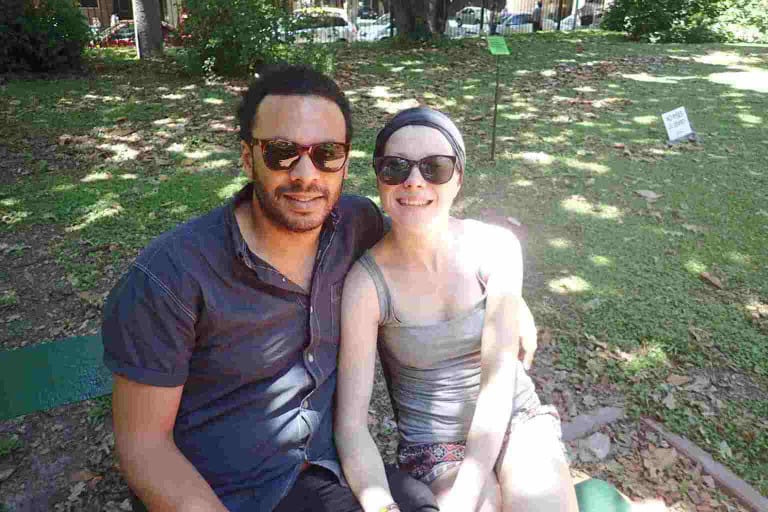 James & Sarah sat on bench in Buenos Aires