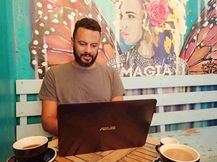 James working in a coffee shop in Oaxaca