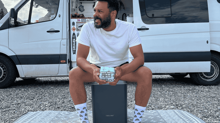 man sitting on Trelino Evo campervan toilet