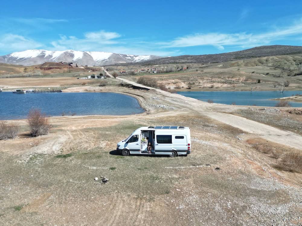 Scenic campervan setting with mountain backdrop