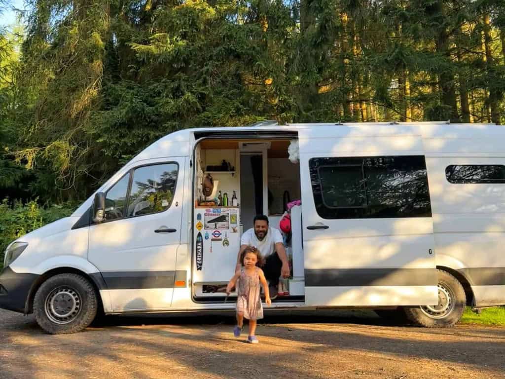 family travelling a campervan