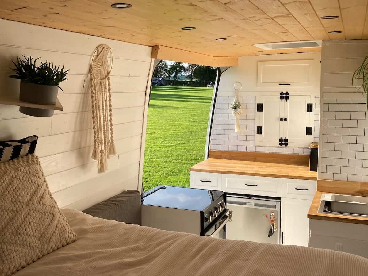 inside self built campervan looking out